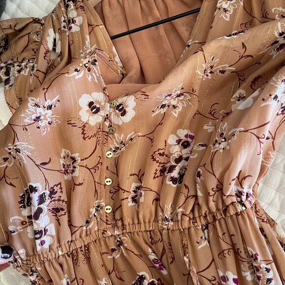 ULLA JOHNSON Ciel Dress In Cafe Size 2 Tan Silk Gold Metallic Floral Flowy Midi - Picture 15 of 16
